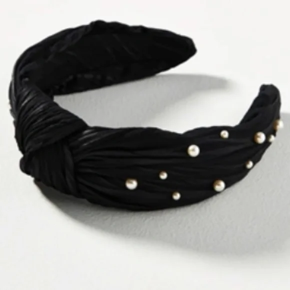 Anthropologie Everly Pleated Pearl Knot Headband Black - Picture 1 of 7